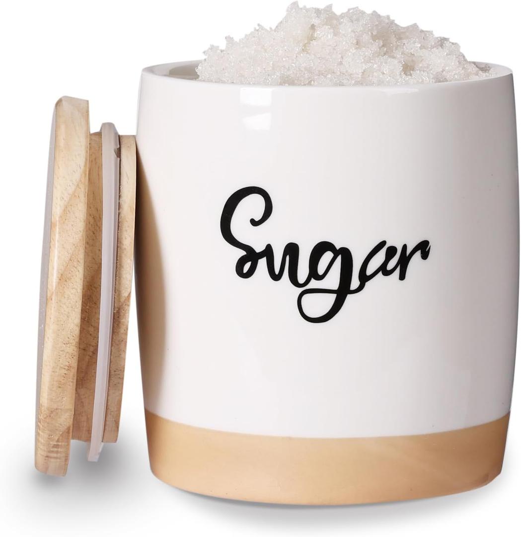 LEETOYI Ceramic Food Storage Containers with Lid,Modern Farmhouse Kitchen Decor, Countertop Food Storage Caddy Organizer, 33oz (Labeled Sugar)