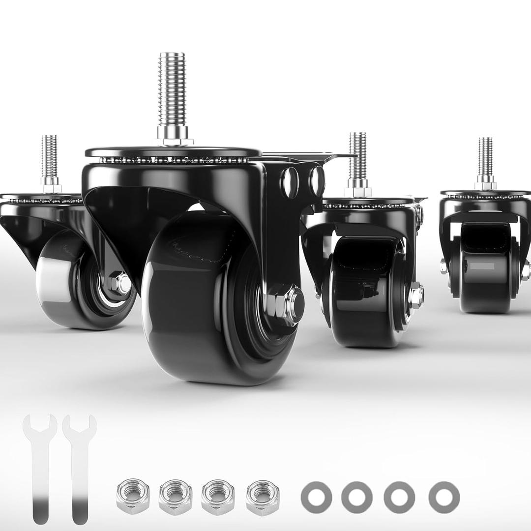 Stem Caster Wheels Heavy Duty 2 Inch, Threaded Stem Casters Set of 4, 5/16"-18x1 (Screw Diameter 5/16", Stem Length 1"), Safety Dual Locking Industrial Castors 600Lbs, Wheels for Cart, Furniture