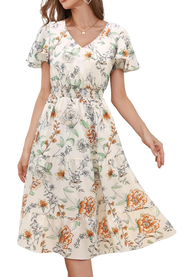 Bridesmay Casual Summer Dresses for Women with Sleeves Flowy Boho Floral Dress Midi Length 2025, Size S