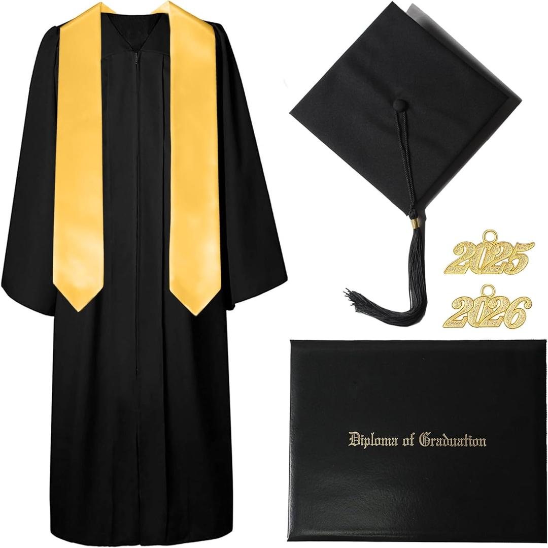 Graduation Gown and Cap with Tassel and 2026 Year Charm - Golden 72" Stole - Black Diploma Holder | Custom