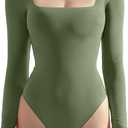 SUUKSESS Women Square Neck Long Sleeve Bodysuit Sexy Thong Bodysuit Shirts (Medium, 02 Army Green)