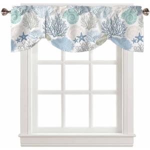 Coastal Tie Up Valance Curtains for Windows, Summer Beach Blue Teal Coral Kitchen Curtains Window Treatments, Sea Nautical Starfish Short Window Shades Valances for Bedroom Bathroom Cafe 54"x18"