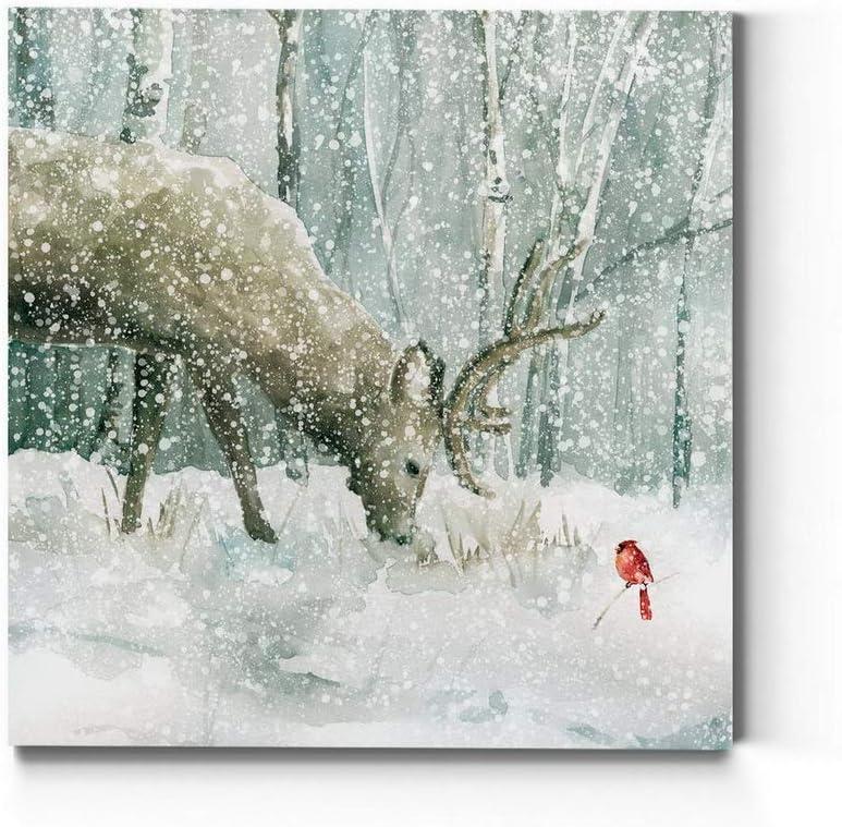 Renditions Gallery Reindeer and Cardinal Wall Art, Cute Christmas Artwork, Snowy Winter Forest, Scenic Nature, Premium Gallery Wrapped Canvas Decor, Ready to Hang, 24 in H x 24 in W, Made in America