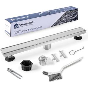 Linear Shower Drain 24 inch with 2-in-1 Flat & Tile Insert Cover - Brushed 304 Stainless Steel Shower Floor Drain - Linear Drain with Reversible Cover & Hair Catcher - Includes Cleaning Tools