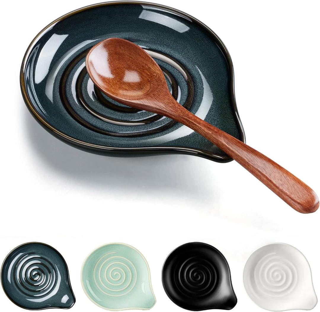 HaWare Spoon Rest for Stove Top, 5.1" Ceramic Spoon Holder for Kitchen Utensils, Coffee Spoons, Spatula, Heat-Resistant Cooking Utensil Rest for Kitchen Counter Decor, Ink Blue