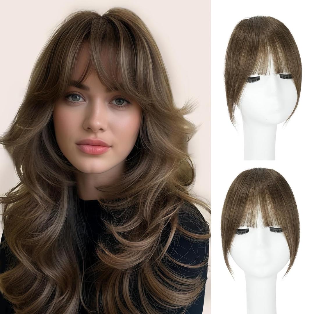 Clip in Bangs, 100% Human Hair French Fringe with Temples for Women Mushroom Brown Clip on Fake Bangs Hairpiece Seamless Blend for Daily Wear