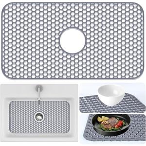 Sink Protectors Mat - 25.79"x13.98" Kitchen Sink Pad for Bottom of Basin for Protection of Stainless Steel and Tableware, Farmhouse Rubber Basin Mat Protector with Center Drain - Light Gray