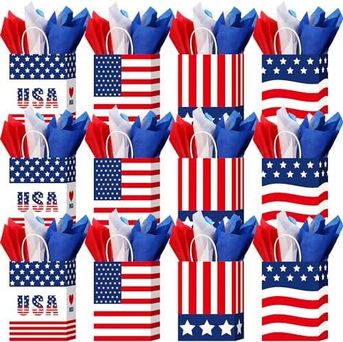 Keioy 24Pcs Patriotic Gift Bag with Handles,Red White Blue Tissue Paper American Flag Party Favor Bags，Decorative for Veterans Day,Memorial Day and Fourth of July