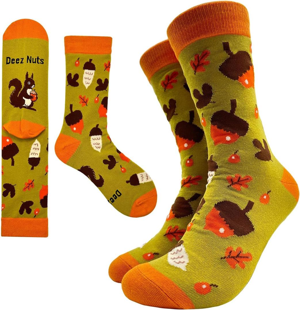 Deez Nuts Novelty Funny Breathable Printed Cotton Socks, Unisex Cozy Knitted Crew Socks with Squirrel Humorous Sayings, Gifts for Friend Bestie Coworker Boss Manager Employer