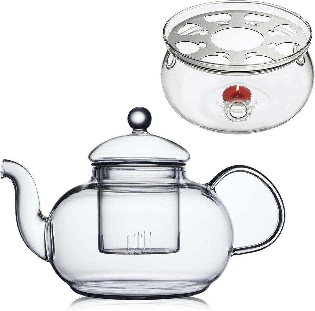 CnGlass 33.8oz Glass Teapot with Removable Infuser,Stovetop Safe Tea Kettle with Glass Tea Warmer 5.3 in/13.5cm Diameter