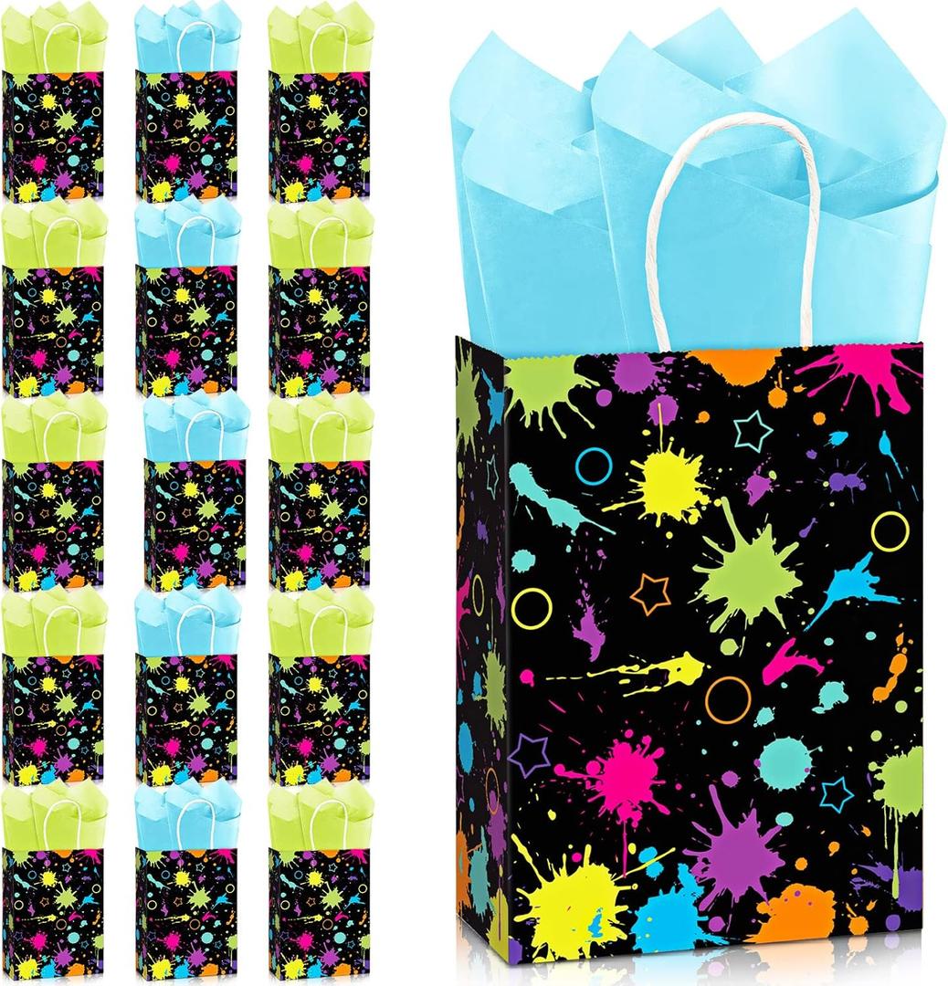 Funrous 16 Pcs Neon Party Favor Bags with Tissue Paper Glow in The Dark Gift Bags with Handle Neon Goodie Candy Treat Baggies for Glow Theme Birthday Baby Shower Party Decoration Supplies