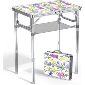 Anbte 2ft Folding Camping Table, 3 Adjustable Height Max 27.5" Small Folding Table with Storage Net Lightweight & Portable with Carry Handle, for Outdoor Indoor Camping Beach BBQ RV, Blooming Floral (Spring Blossom)
