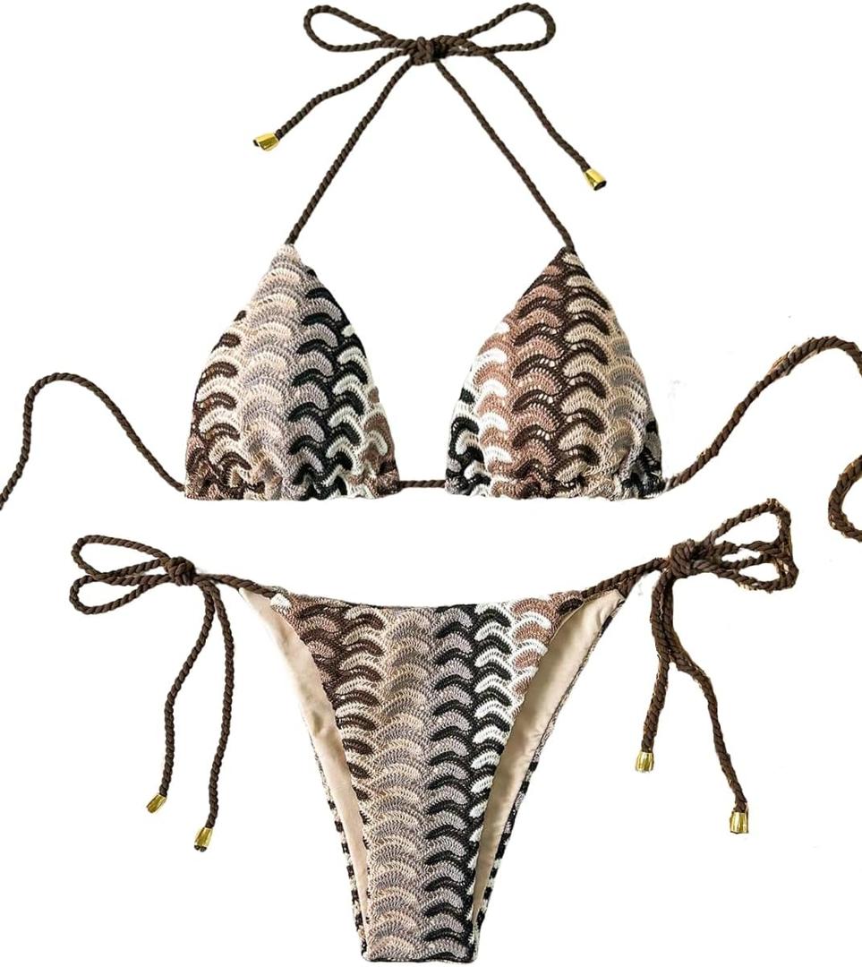 ZAFUL 2 Piece Triangle Bikini for Women Knitted Rope Halter Bikini Sets Sexy Bathing Suit Side Tie Swimsuits Beachwear (Medium)