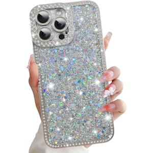 iPhone 16 Pro Max Case, Glitter Crystal Diamond Sequin Design, Shiny Bling Luxury Phone Case for Women Girls, Aesthetic Cute Full Protection, Soft TPU Slim Shockproof Phone Case, Silver