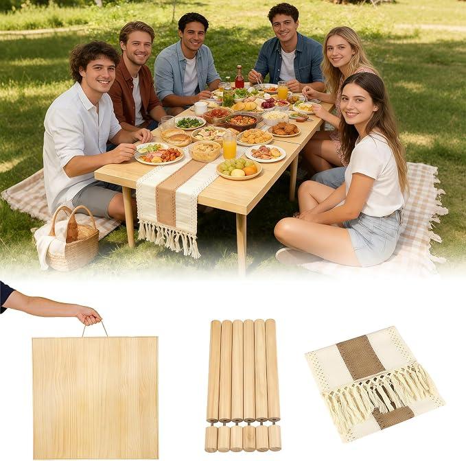 Portable Wooden Picnic Table, 60" x 30" Large Boho Low Floor Table
60" x 30" Folding Picnic Table, with Table Runner, Adjustable Height Legs, Varnish, for Indoor Outdoor Camping,for 6-8 People