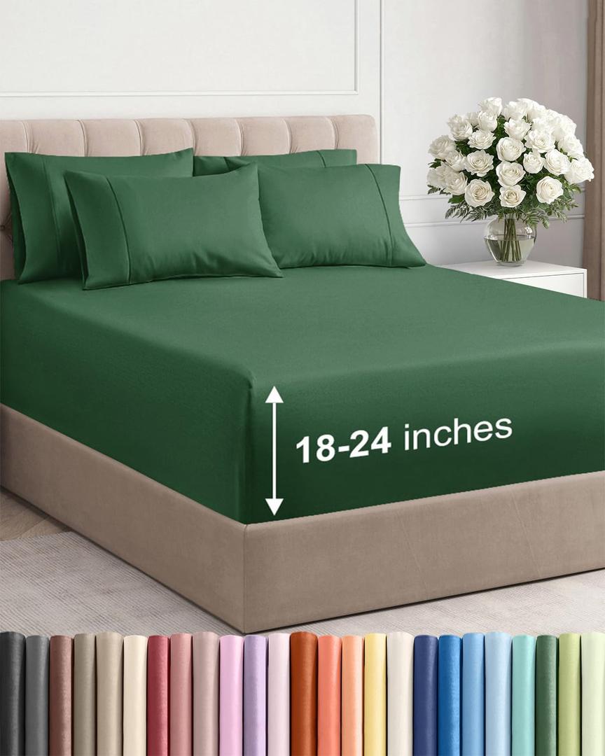 Extra Deep Queen Sheet Set - 6 Piece Breathable and Cooling Sheets - Hotel Luxury Bedding for Women, Men, Kids & Teens - Easy & Secure Fit - Soft and Wrinkle Free - Extra Deep Pockets - Emerald Green
