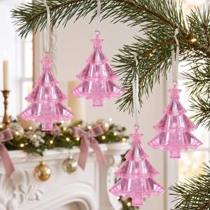 Large 6.7" Christmas Tree Ornaments Set of 4, Faceted Acrylic Pink