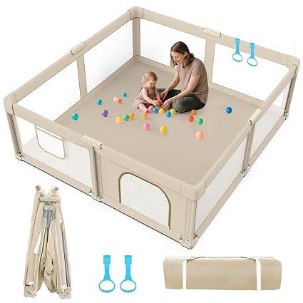 Foldable Baby Playpen 65"x50", Playpen for Babies and Toddlers | Portable Playpen, Breathable Mesh, No Assembly, 2 Pulling Handles, With Carry Bag, Indoor Outdoor Use
