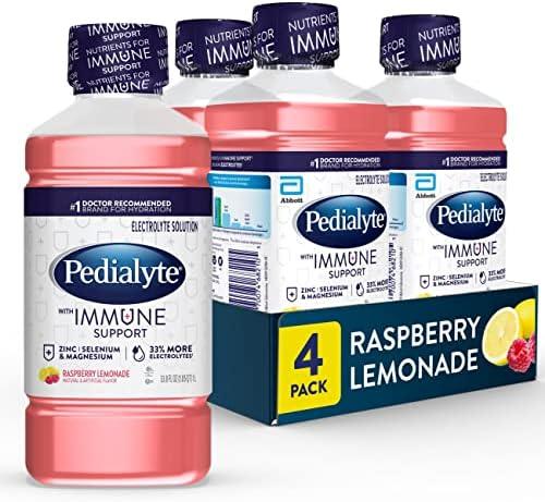 Pedialyte with Immune Support Electrolyte Solution, Hydration Drink with Zinc, Selenium, and Magnesium, Raspberry Lemonade, 1 Liter, Pack of 4, Best Before: 1/APR/2027
