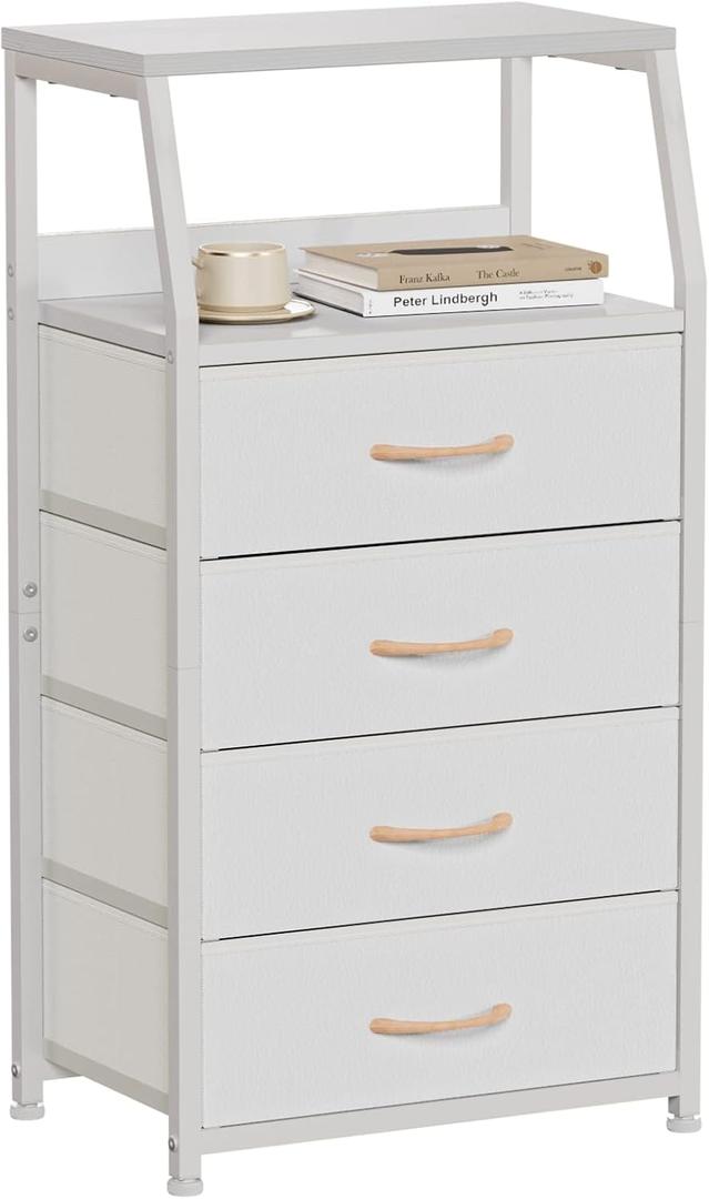 Furnulem Tall 4 Drawers Dresser, Vertical Storage Tower for Bedroom, Hallway, Entryway, Nursery, Closet Organizer, Nightstand Bedside Table Furniture, Sturdy Steel Frame, Wood Top, White, 11.5"D x 16.1"W x 33.3"H