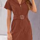 Women's Corduroy Mini Dress Short Sleeve Lapel Zip Up Belted Cowgirl Dresses with Pockets (Brown, XXL)