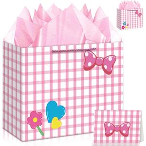 3 x 13" Large Pink Bow Birthday Gift Bag (Including Card, Tissue Paper, Envelope And Sticker), Pink-Themed Birthday Party Supplies, Suitable For Girls' Birthdays, Baby Showers, Weddings And Bridal Showers