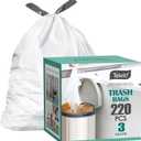 3 Gallon 220pcs Strong Drawstring Trash Bags Garbage Bags by Teivio, Bathroom Trash Can Bin Liners, Small Plastic Bags for home office kitchen, White