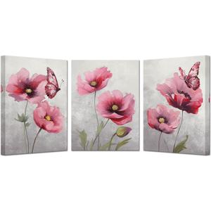 KREATIVE ARTS 3 Pieces Flower Canvas Wall Art Flower Poppy Blossom Picture Wall Decor Floral Painting Framed Poster for Bathroom Easy to Hang Each Panel 12x16 Inch (Pink)