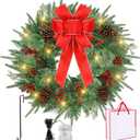 26 Inch Christmas Wreath Decorations,Artificial Wreaths with 50 LED Lights 8 Modes & Timer,Battery Operated 144 PVC Tips,Large Red Bow,Pine Cones,Berries for Front Door,Indoor/Outdoor Holiday Decor