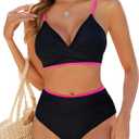 Edelqual Women's High Waisted Bikini Sets Two Piece Swimsuit Tummy Control Bathing Suit V Neck Swimwear 2025 Swim Suit Large, Black and Pink 