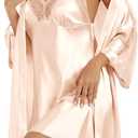 Women's Silk Pajama Sets Satin Robe with Nightgown 2 Piece Sleepwear Sexy Lace Cami Nightwear Kimono Bridesmaid Robes (Large, Champagne)