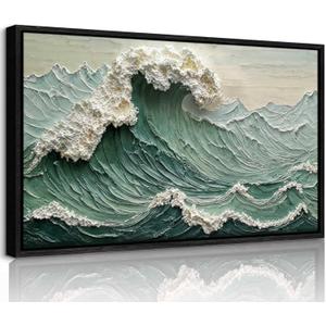 Large framed. Green giant waves. Abstract ocean nature scene wall art. 3D effect. Canvas print, suitable for living room, bedroom, office and other home decor. 24x36 inch.