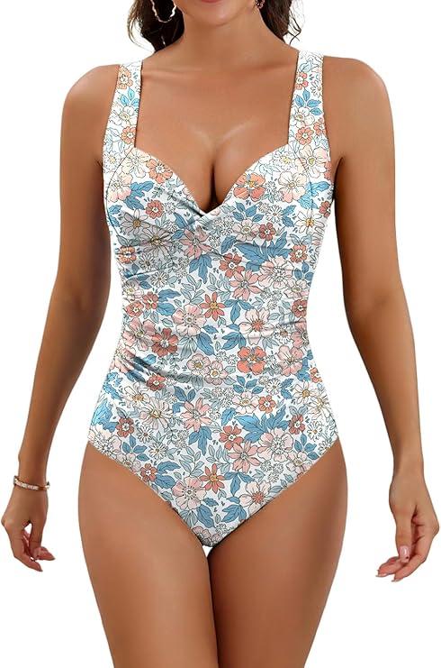 Eomenie Women's One Piece Swimsuit Tummy Control Slimming Push Up Bra Bathing Suits Wrap Twist 1 Piece Swimwear (Medium, Red Floral Print)