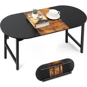 CADUKE Folding Coffee Table for Small Spaces, Portable Low Table with Leg Latches Wood Oval Center Table Small Coffee Tables for for Living Room, Home and Camping, Industrial Black & Brown