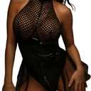 FEHEOO Women's Patent Leather Lingerie Set: Black Cutout Bodysuit & Matching Skirt - Wet Look Vinyl Fetish Costume for Sexy Clubwear, Bedroom Fantasy, Halloween Roleplay, Mardi Gras & Valentine's Day, XXL