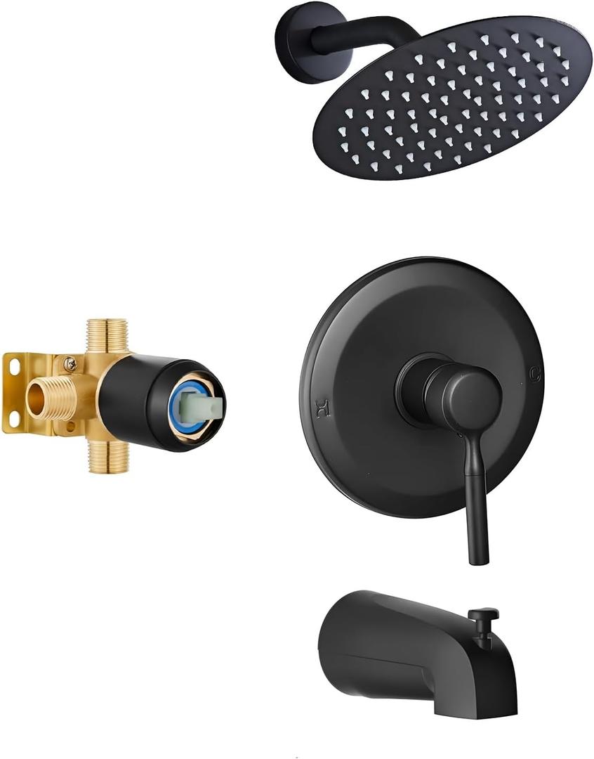 HUCKLE Tub Shower Faucet Set, 8-Inch Round Rain Shower Head and Tub Spout, Bathtub Faucet Set Complete, Single Handle Bathroom Set Faucet with Female Threads Valve Body Included, Black