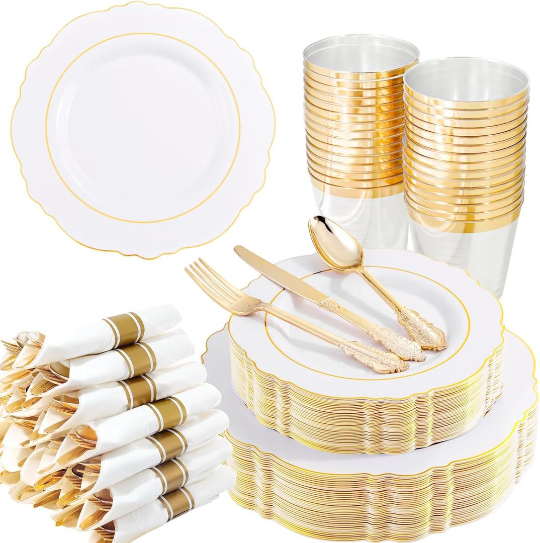 Liacere 350PCS Gold Plastic Plates-Disposable White and Gold Plates 50guest Baroque Plastic Dinnerware include 100Plates, 50Pack Pre Rolled Napkins with Silverware 50Cups for Wedding&Mother's Day
