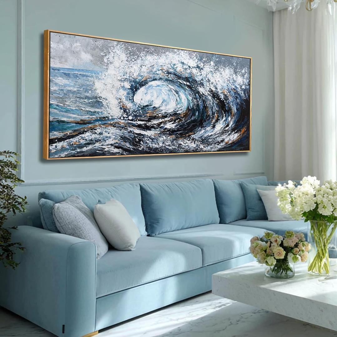 Large Abstract Blue Ocean Wave Wall Art,Seascape Artwork Decor,Rolling Wave Sea Landscape Picture Print for Office Home Decoration 29"x58"