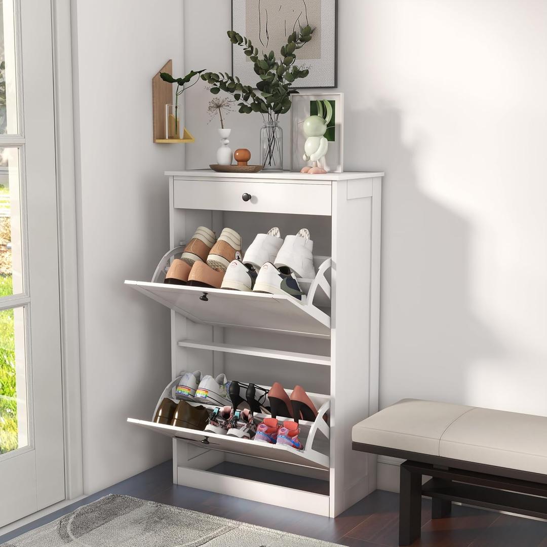 FTZxHKLX Shoe Cabinet with 2 Flip Drawers, Slim Freestanding Hidden Shoe Organizer with Drawer, Pet-Proof Shoe Storage Cabinet for Entryway Living Room Behind The Door, White, 1pcs