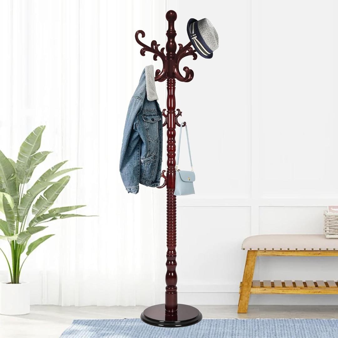 Wooden Coat Rack Stand, Coat Rack Freestanding with Sturdy Round Base, Adjustable Height Tree Coat Racks Stand for Home Bedroom Hallway Entryway Office