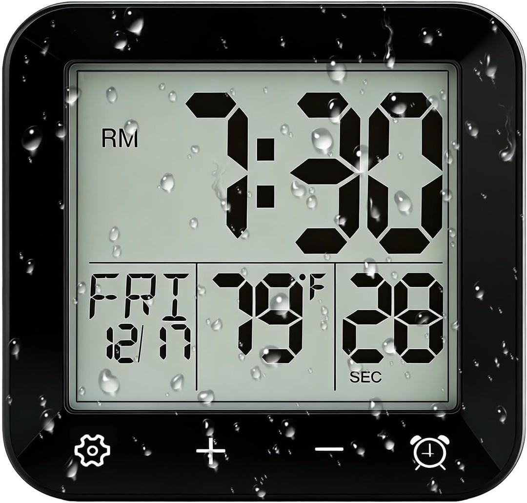 Digital Waterproof Shower Clock, Bathroom Kitchen Clock with Countdown Timer, Wall Clock with Large LCD Display, Temperature, Touch Button, Suction, Hanging Hole, Battery Operated I Black