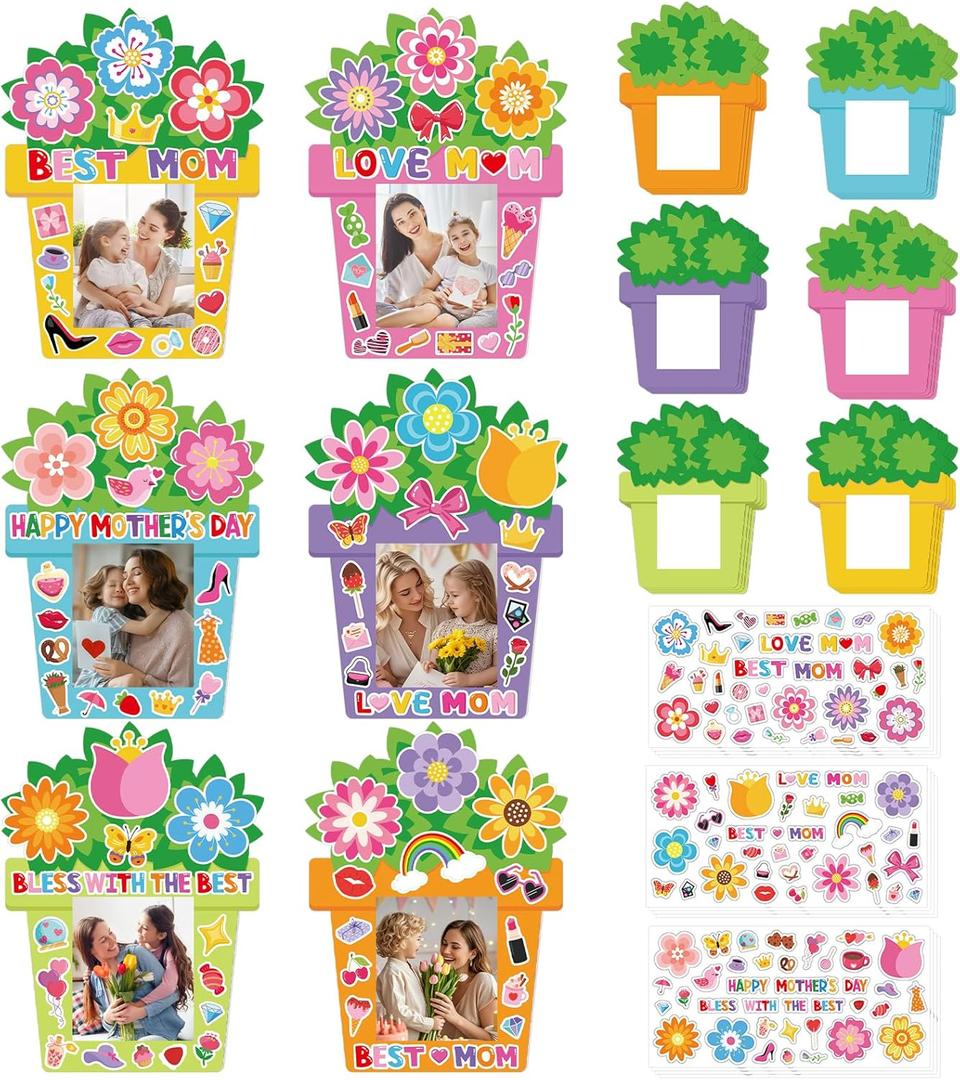 24 PCS Mother's Day Picture Frame Ornaments Paper DIY Photo Frame Craft Set Hanging Decorations For Mother Gifts(Flower)