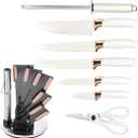 Knife Set, 9Pieces Stainless Steel Non Stick Kitchen Knife Block Set, Sharp Cutlery Knives Set with Sharpener Knives Set with Rotatable Storage Stand Scissors (White)