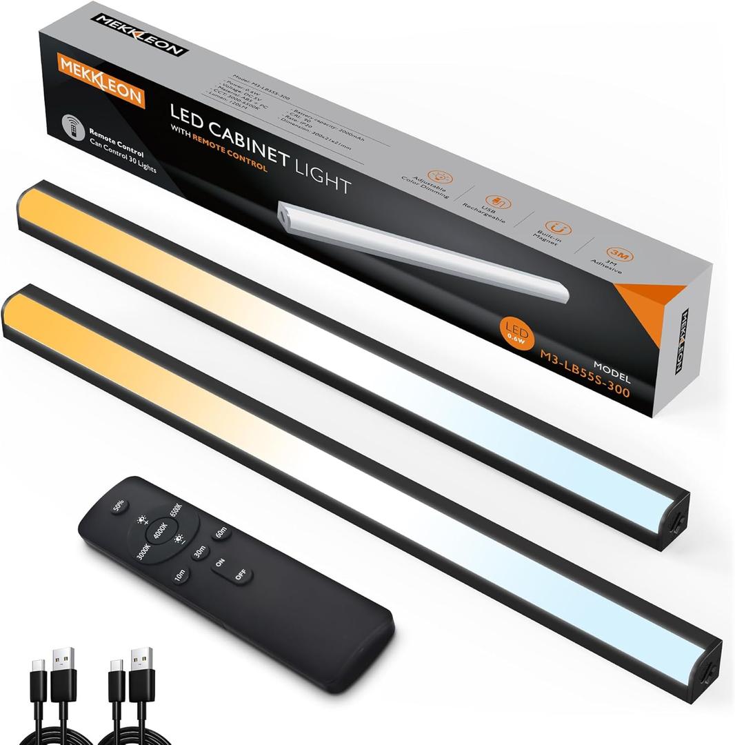 Under Cabinet Lights Remote Control, Magnetic Dimmable Closet Lights,USB Rechargeable Wireless LED Shop Light,Ceiling and Under Counter Lights for Kitchen (Black, 30CM-2 Pack) (11.8 INCH)