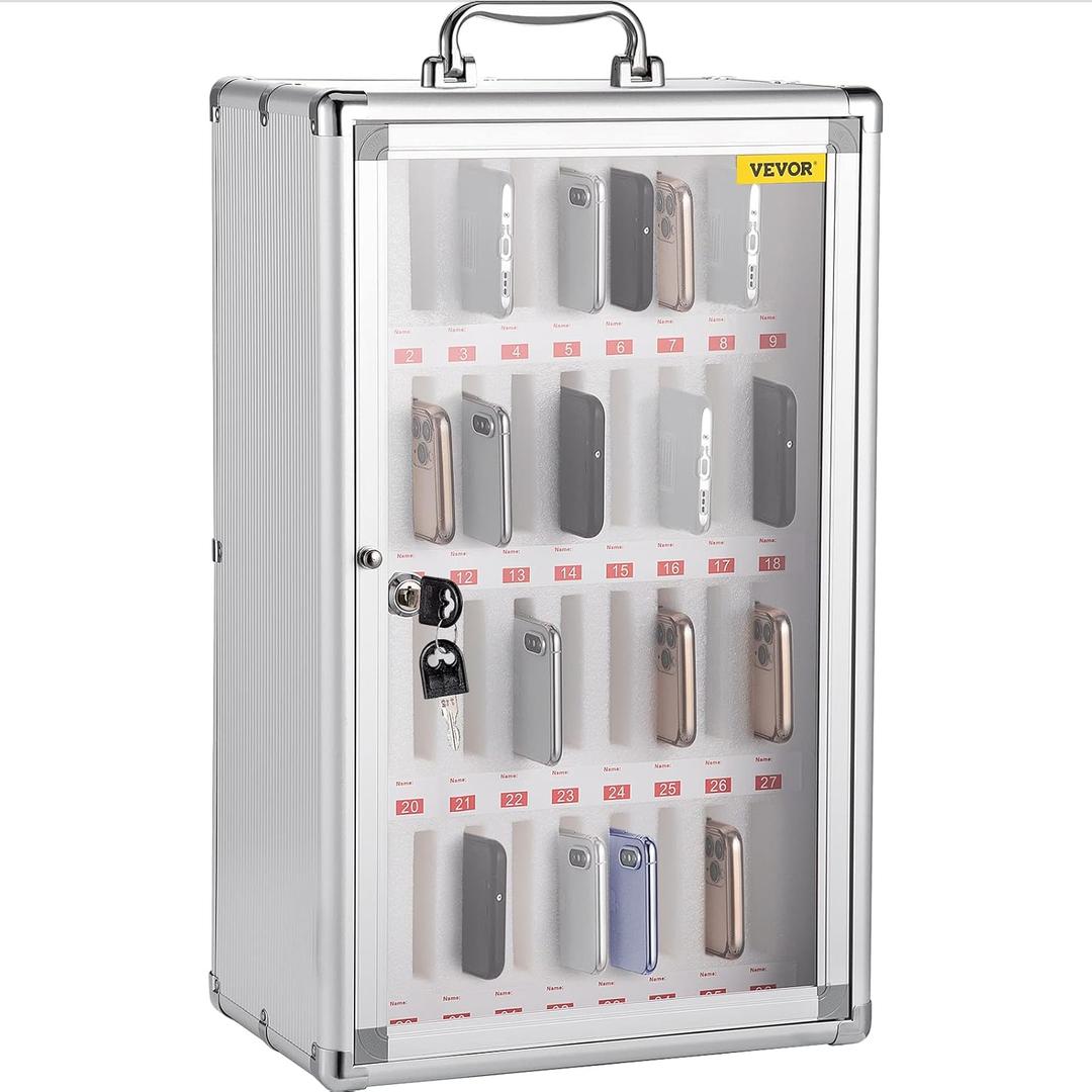VEVOR 36-Slot Cell Phone Locker  Silver Aluminum with Key Lock Portable Handle, Handwritten Tags, and Wall-Mount for Offices, Classrooms, Gyms