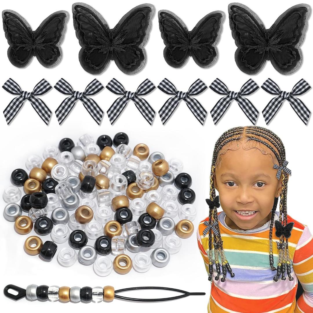 100pcs Hair Beads for Braids Gold Loc Dreadlock Hair Beads Black Gingham Mini Hair Bows Lace Embroidery Butterfly Hair Clips 3 Styles Y2K Hair Accessories for Women Girls