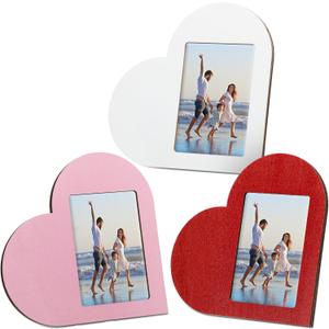 Sintuff 3 Pcs Heart Picture Frame 4 x 6 Inch with Natural Raffia Sweet Red Pink Wooden Photo Decorative Postcard Frame for Valentines Day Home Table Tabletop