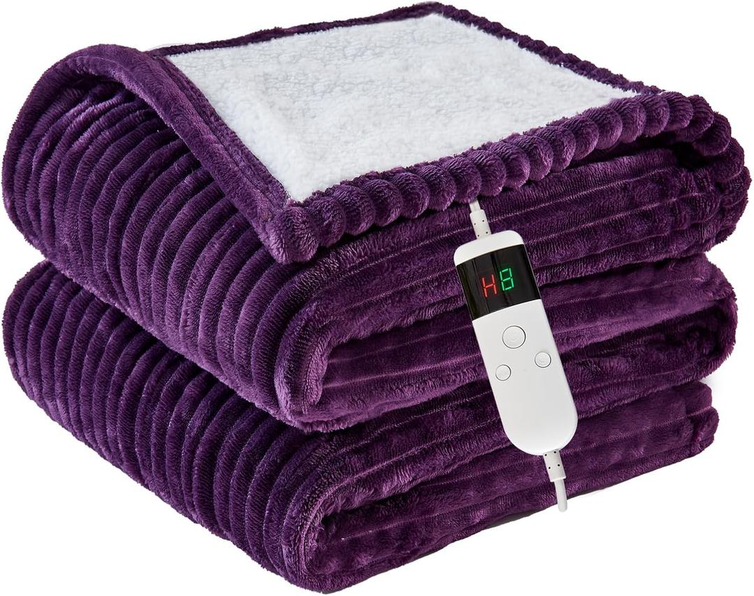 Heated Blanket Electric Throw, Soft Flannel Heating Blanket with 8 Hours Auto Off 10 Fast Heating Levels Machine Washable Sherpa Heated Blanket with Overheating Protection (Throw (50" x 60"), Purple)