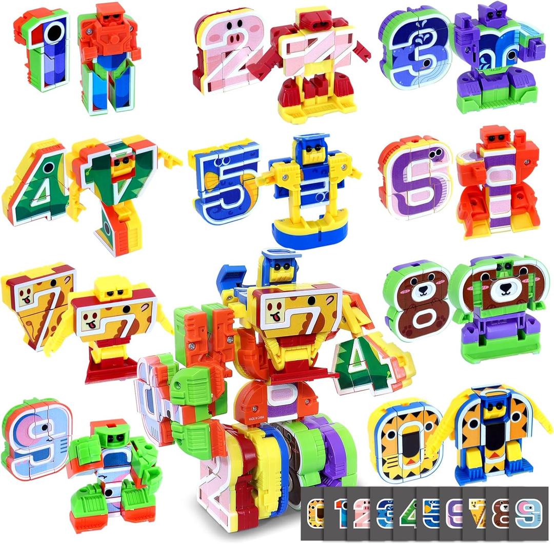 Animal Number Robots Transforming Toys 10-in-1  STEM Learning Toys for Kids Ages 3+, Number Blocks with 10 Digital Cards, Convertible to Mega Robot (ABC Zoo Series) (Multicolor)