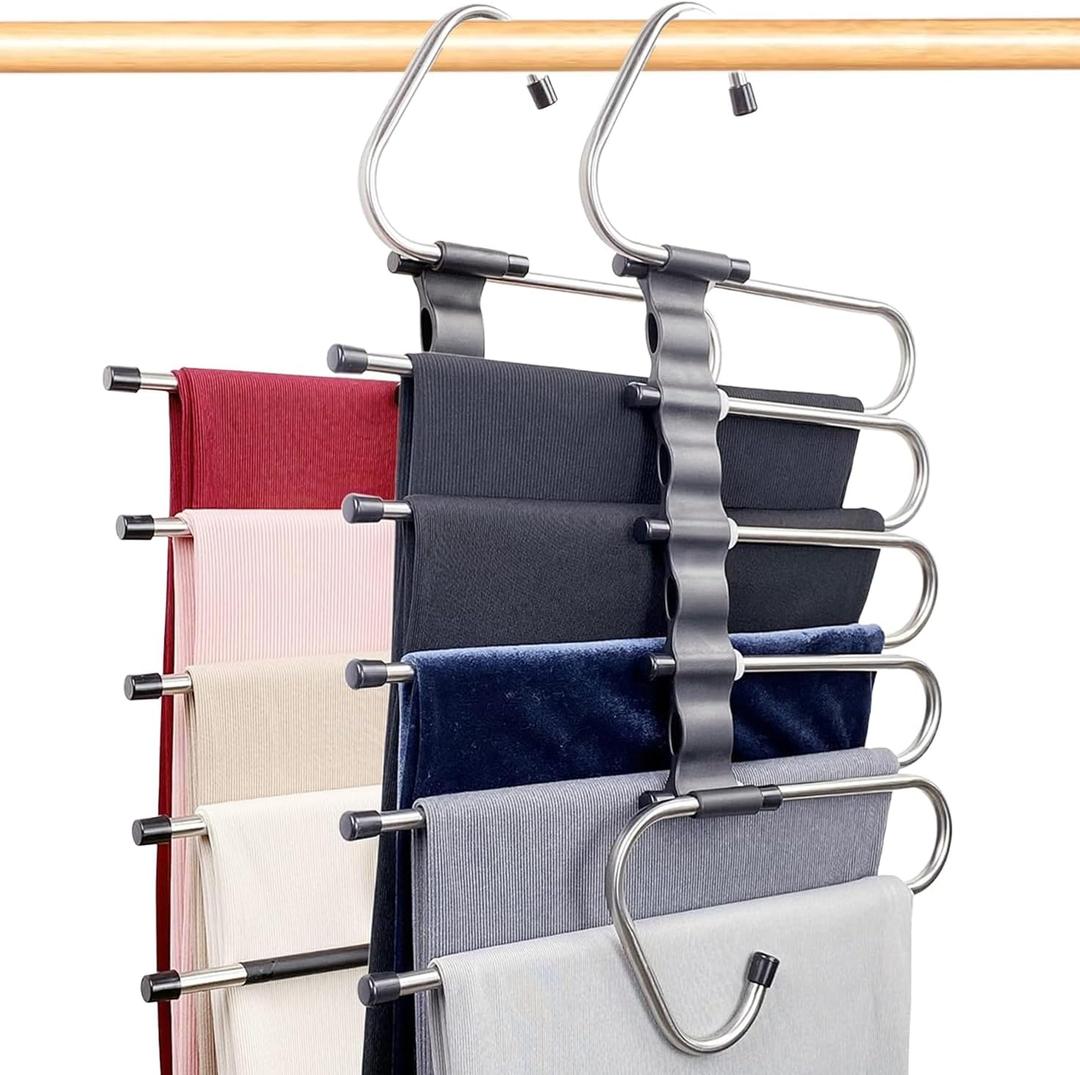 Pack of 2 Space-Saving 5-Tier Pants Hangers for Closet Organization, Vertical Multilayer Pants Organizer for Jeans, Slacks, and Trousers, Stainless Steel Hanging Bars with Anti-Slip Stoppers